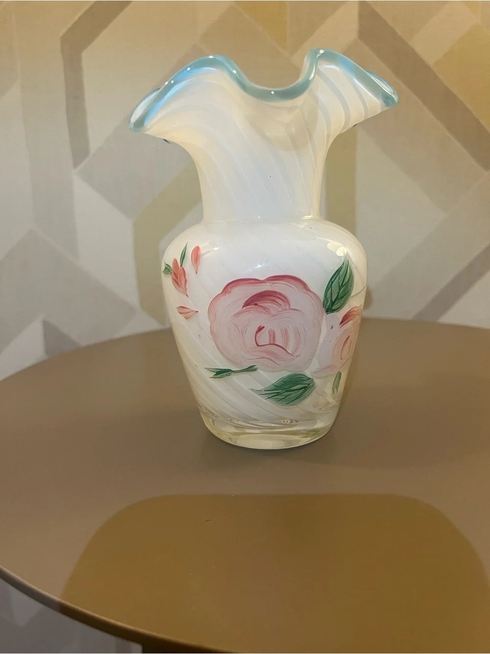 Fenton White Glass Vase with Pink Roses and Blue-Rim